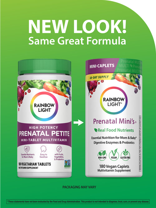 Two Rainbow Light prenatal supplement containers on a green background with text indicating a new look.