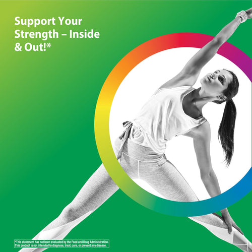 Woman in a yoga pose with a rainbow circle and text about supporting strength inside and out on a green background