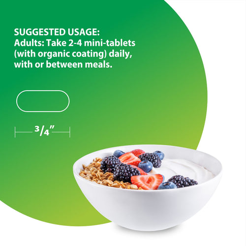 Bowl of cereal with berries on a green background with text about suggested usage.