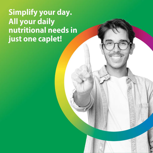 Person pointing at a colorful circle with text about daily nutritional needs on a green background