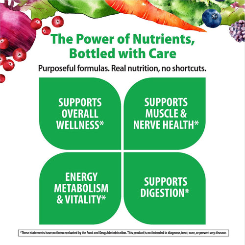 Advertisement for nutritional products with green text boxes and colorful vegetables on a white background.