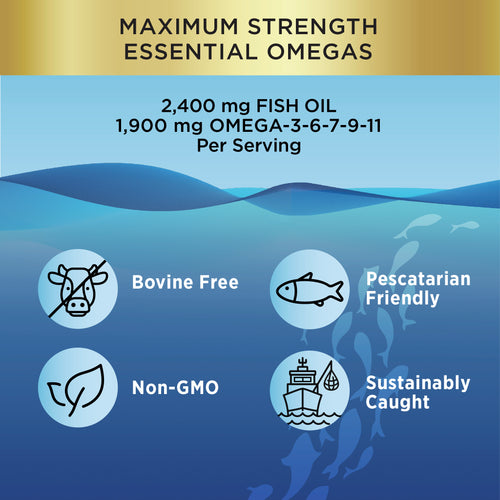 Fish oil supplement label with ocean design, serving information, and certification icons.
