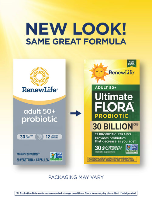 Two Renew Life probiotic packages with a yellow background and text indicating 'New Look! Same Great Formula'.