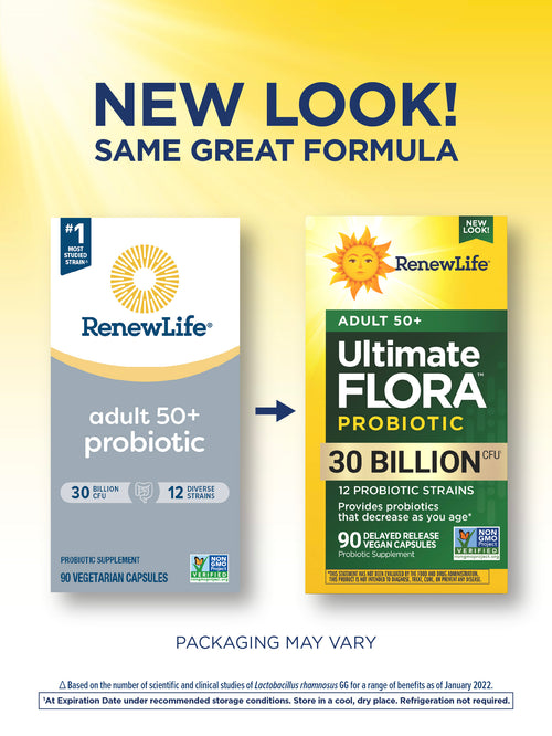 Two Renew Life probiotic packages on a yellow background with text indicating 'New Look! Same Great Formula'.