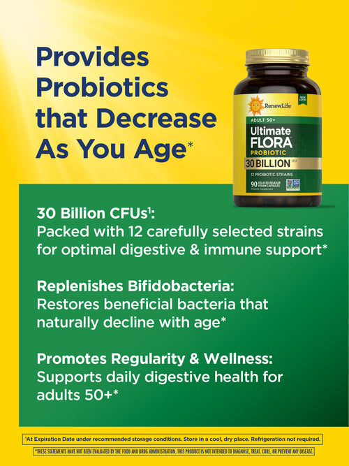 Probiotic supplement bottle with promotional text on a yellow and green background