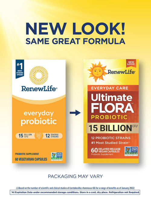 Two Renew Life probiotic packages with a yellow background and text indicating 'New Look! Same Great Formula'.