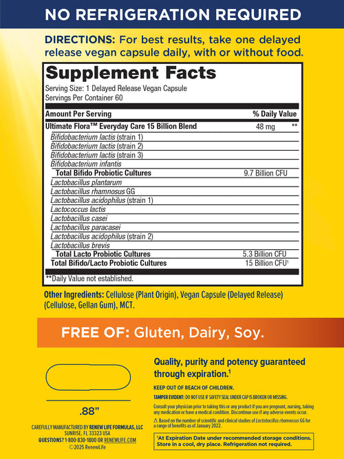 Supplement label with directions and facts on a blue and yellow background