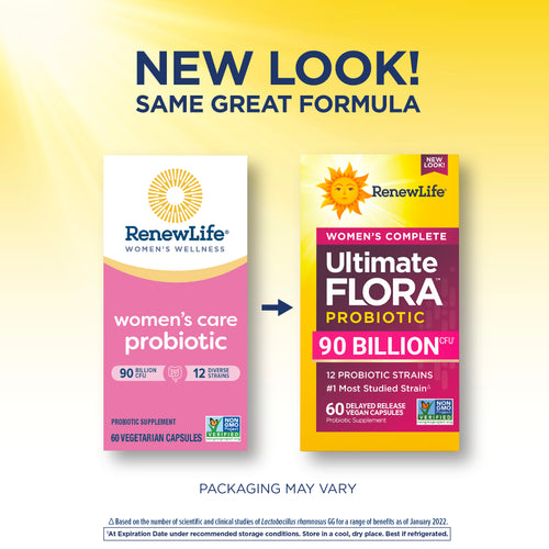 Two packaging designs of RenewLife probiotic products on a yellow background with text indicating 'New Look! Same Great Formula'.
