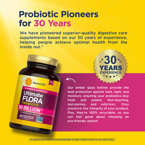 Probiotic supplement bottle with promotional text on a yellow and purple background