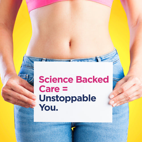Person holding a sign with 'Science Backed Care = Unstoppable You' text on a yellow background