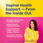 Advertisement for vaginal health support product with a woman pointing to text on a yellow and pink background.