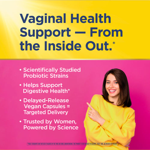 Advertisement for vaginal health support product with a woman pointing to text on a yellow and pink background.