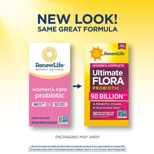 Two RenewLife probiotic packages with a yellow gradient background and text indicating 'New Look! Same Great Formula'.