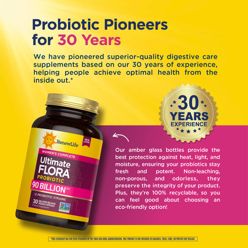 Probiotic supplement bottle with promotional text on a yellow and purple background