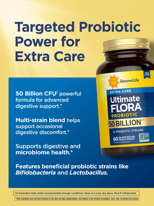 Renew Life Ultimate Flora probiotic supplement bottle with text on a blue and yellow background