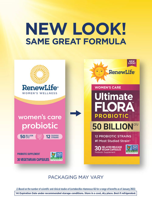 Two RenewLife probiotic packages on a yellow background with text indicating 'New Look! Same Great Formula'.