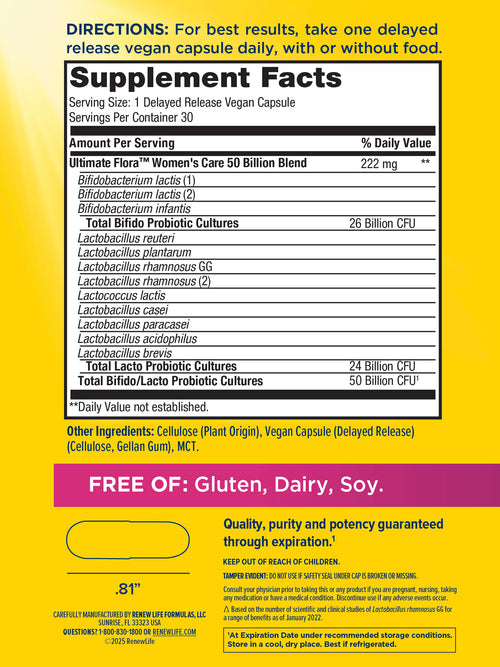 Ultimate Flora Probiotico per la Cura Vaginale delle Donne 50 Miliardi, 30 Capsule Vegane a Rilascio Ritardato