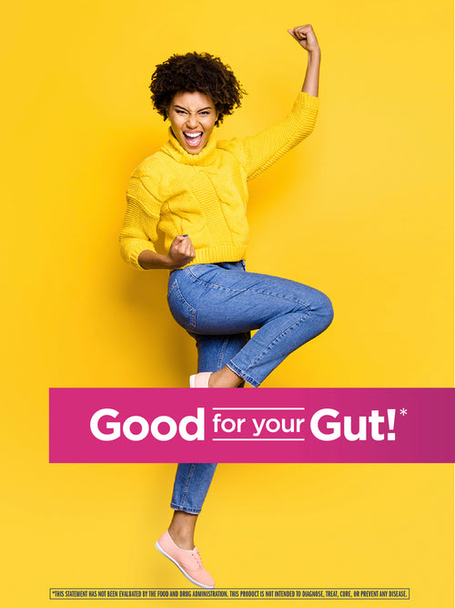 Person in yellow sweater and blue jeans with 'Good for your Gut!' text on a yellow background