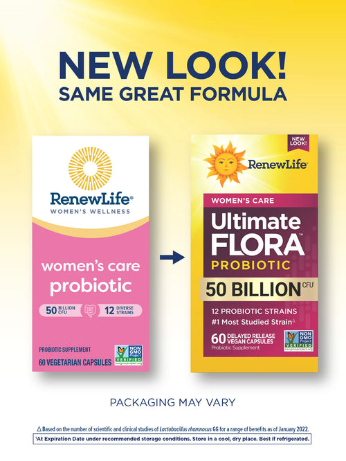 Two RenewLife probiotic packages on a yellow background with text indicating 'New Look! Same Great Formula'.