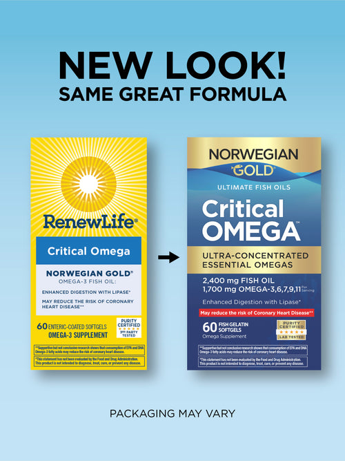 Two supplement packages, RenewLife and Norwegian Gold, on a blue background with text 'New Look! Same Great Formula'.