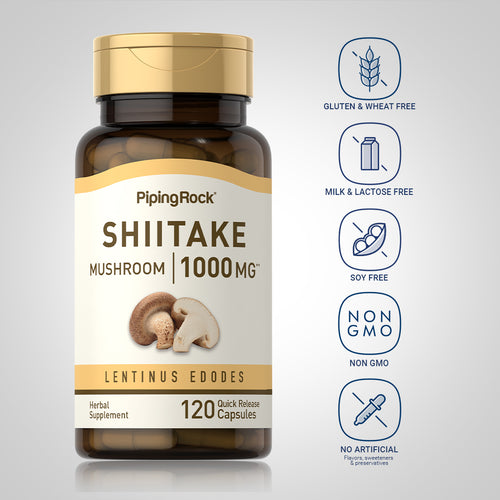 Shiitake mushroom supplement bottle with Piping Rock branding on a light gray background