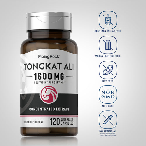 Piping Rock Tongkat Ali 1600 MG supplement bottle with label and icons on a gray background