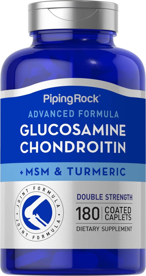 Blue supplement bottle labeled 'Piping Rock' with 'Glucosamine Chondroitin' on a white background