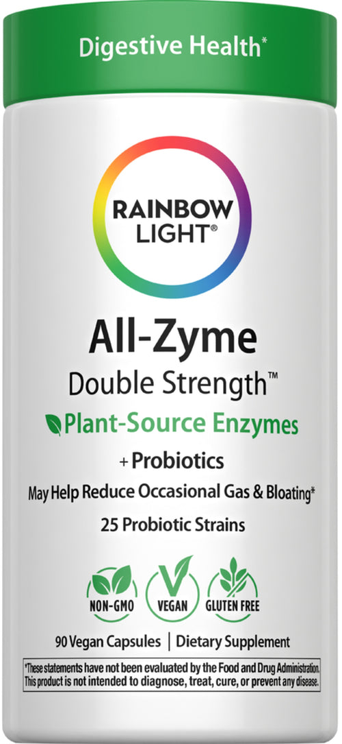 Rainbow Light All-Zyme Double Strength Plant-Source Enzymes, 90 Vegan Capsules, dietary supplement for digestive health, gluten-free, vegan.