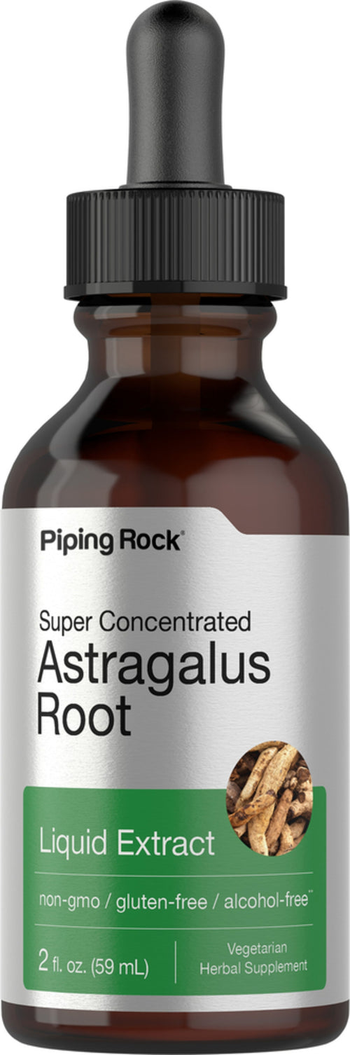 A dropper bottle of Piping Rock Super Concentrated Astragalus Root Liquid Extract, 2 fl oz, with a green and white label.