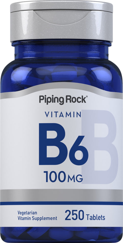 Vitamin B6 supplement bottle with blue and white label on a white background
