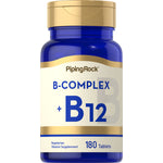 Vitamin B-complex supplement bottle with gold and blue design on a white background