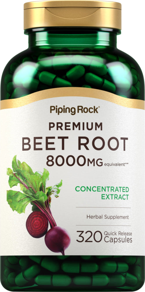 Beet root supplement bottle with green and gold label