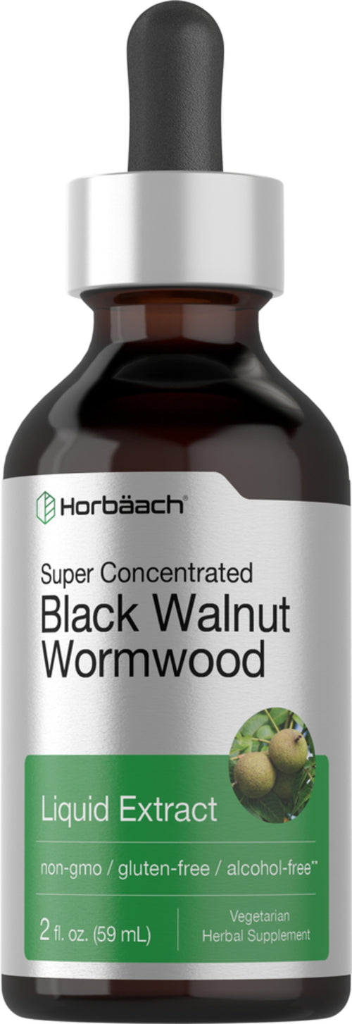 A dropper bottle labeled Black Walnut Wormwood Liquid Extract, alcohol-free, with a green leafy design on the label.