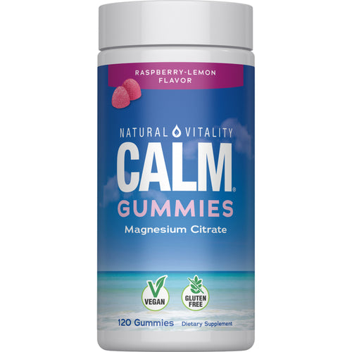 Container of Natural Vitality Calm Gummies with raspberry lemon flavor on a blue background