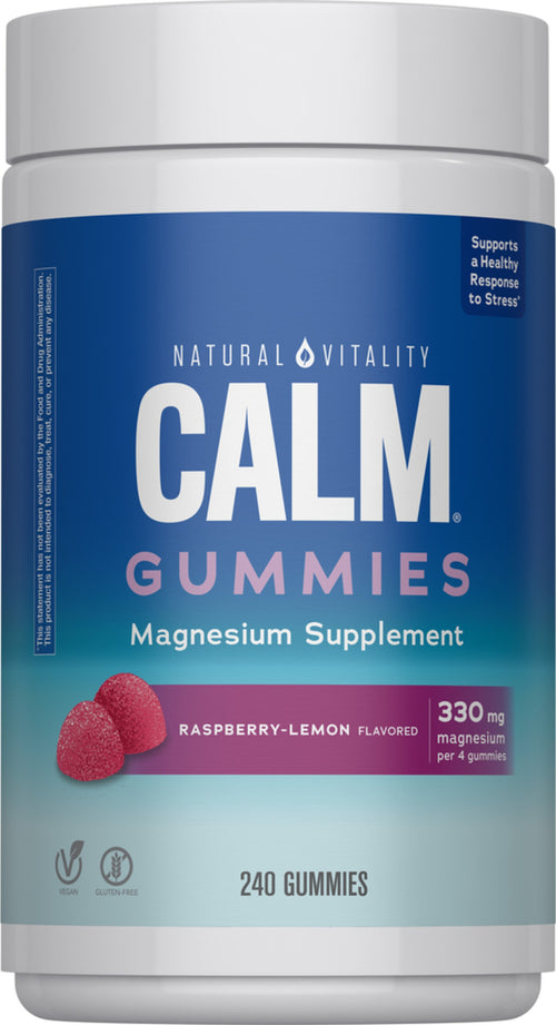 A bottle of CALM Gummies Raspberry-Lemon Flavor with 240 gummies inside. The bottle is predominantly white with blue and red accents, and it is labeled as a magnesium supplement.