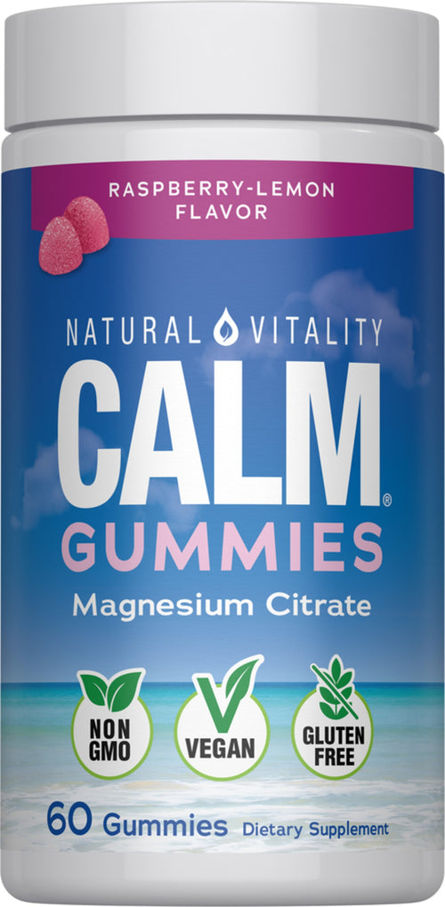 Container of Natural Vitality Calm Gummies with raspberry-lemon flavor on a white background