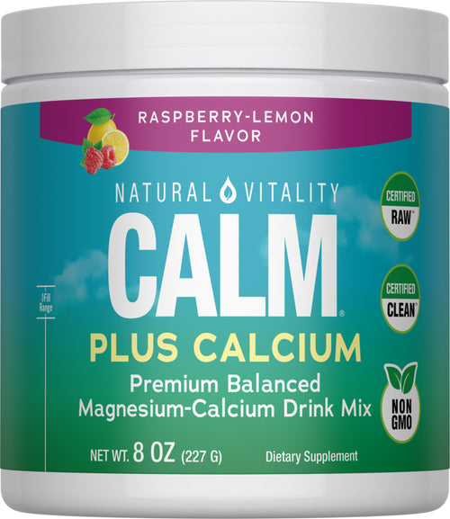 Container of Natural Vitality Calm Plus Calcium supplement with raspberry-lemon flavor.