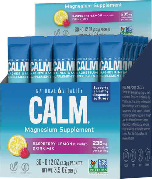 Box of Natural Vitality Calm relaxing drink mix stick packets with blue and white packaging.