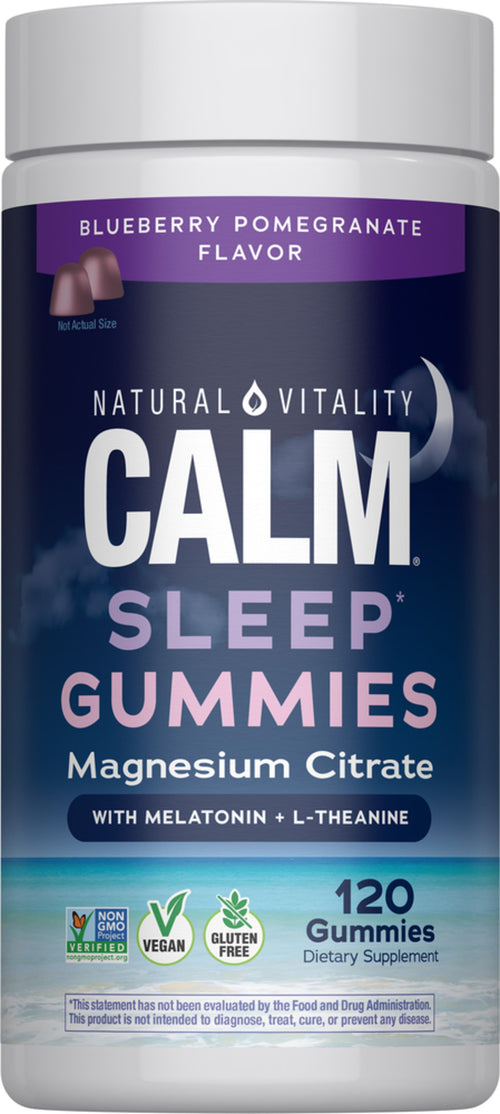 Container of Natural Vitality Calm Sleep Gummies with blueberry pomegranate flavor on a white background