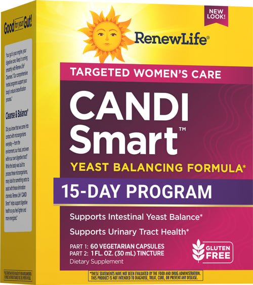 A box of Renew Life CandiSmart Yeast Balancing Formula, featuring 15-day program branding, with the product's benefits listed and a gluten-free icon.