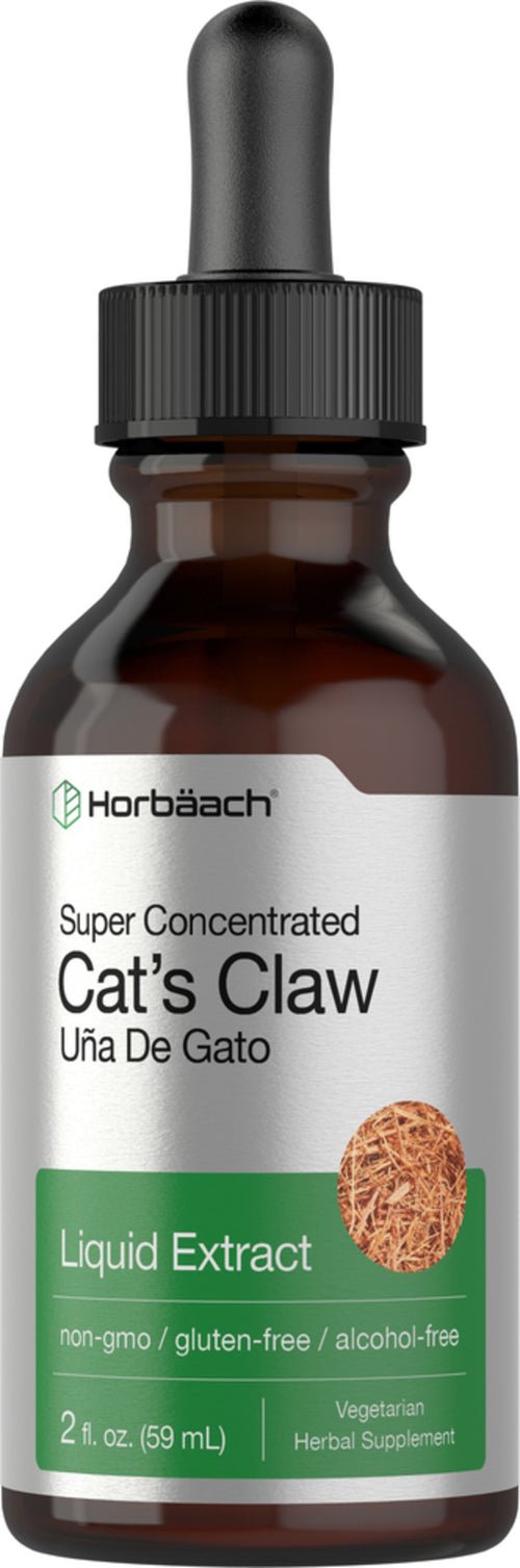 A dropper bottle of Cat's Claw Liquid Extract, alcohol-free, 2 fl oz (59 mL). The label indicates the product is gluten-free and vegan-friendly.