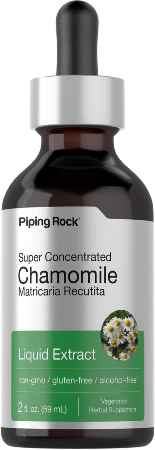 A dropper bottle of Piping Rock Super Concentrated Chamomile Liquid Extract, 2 fl oz, with a white label and blue and green design elements.