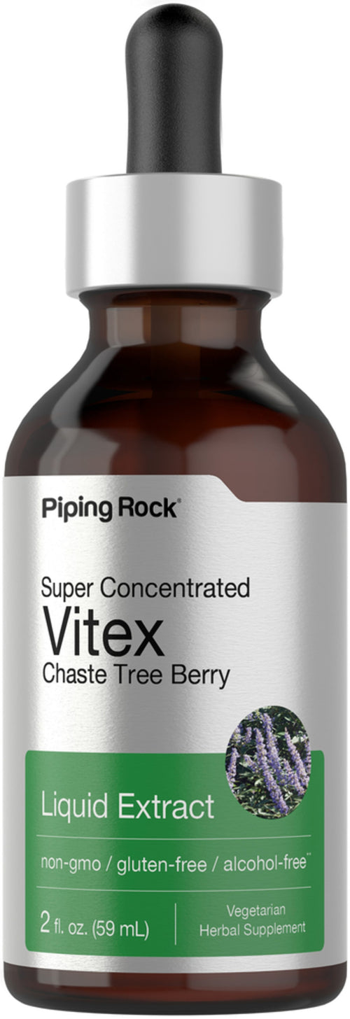 A dropper bottle of Piping Rock Super Concentrated Vitex Chaste Tree Berry Liquid Extract, 2 fl oz, alcohol-free.