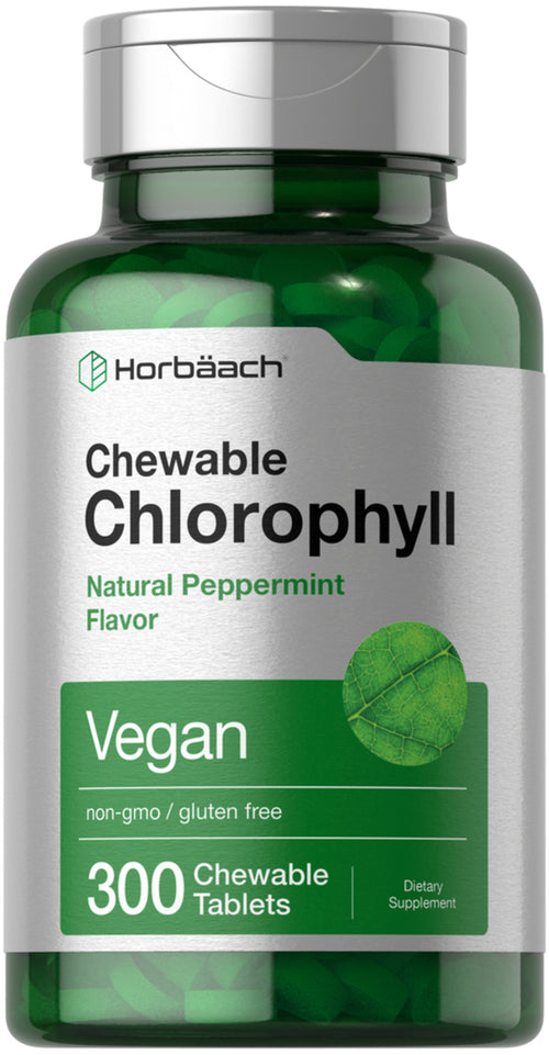 Bottle of Horbäch brand chewable chlorophyll tablets with natural peppermint flavor, containing 300 chewable tablets, vegan, non-GMO and gluten-free.
