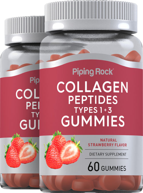 Two bottles of Piping Rock Collagen Peptides Gummies with strawberry flavor on a white background