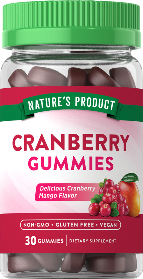 Jar of Nature's Product Cranberry Gummies with green lid and red label.