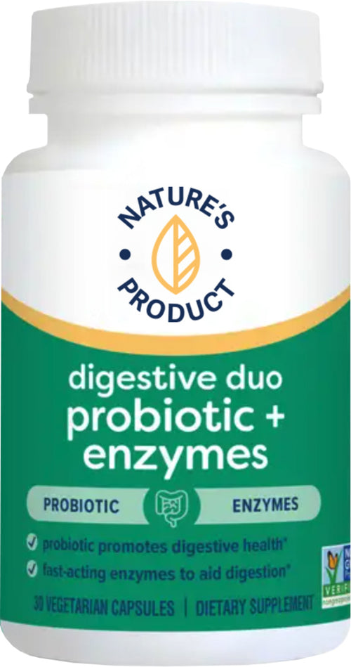 A bottle of Nature's Product brand Digestive Duo Probiotic + Multi Enzyme, with 30 vegetarian capsules. The label is predominantly white and green with text and branding.