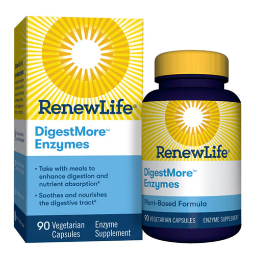 A bottle and box of RenewLife DigestMore Enzymes, with 90 vegetarian capsules, indicating a plant-based formula designed to enhance digestion and nutrient absorption.