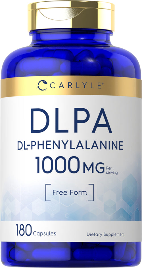 A blue bottle with a gold label that reads 'Carlyle DLPA DL-Phenylalanine 1000 mg, 180 Capsules'.