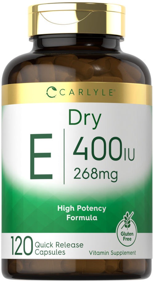 This image features a bottle of Carlyle Dry Vitamin E-400 IU, containing 120 high potency quick release capsules. The bottle is amber-colored with a white and green label that clearly displays the product information.